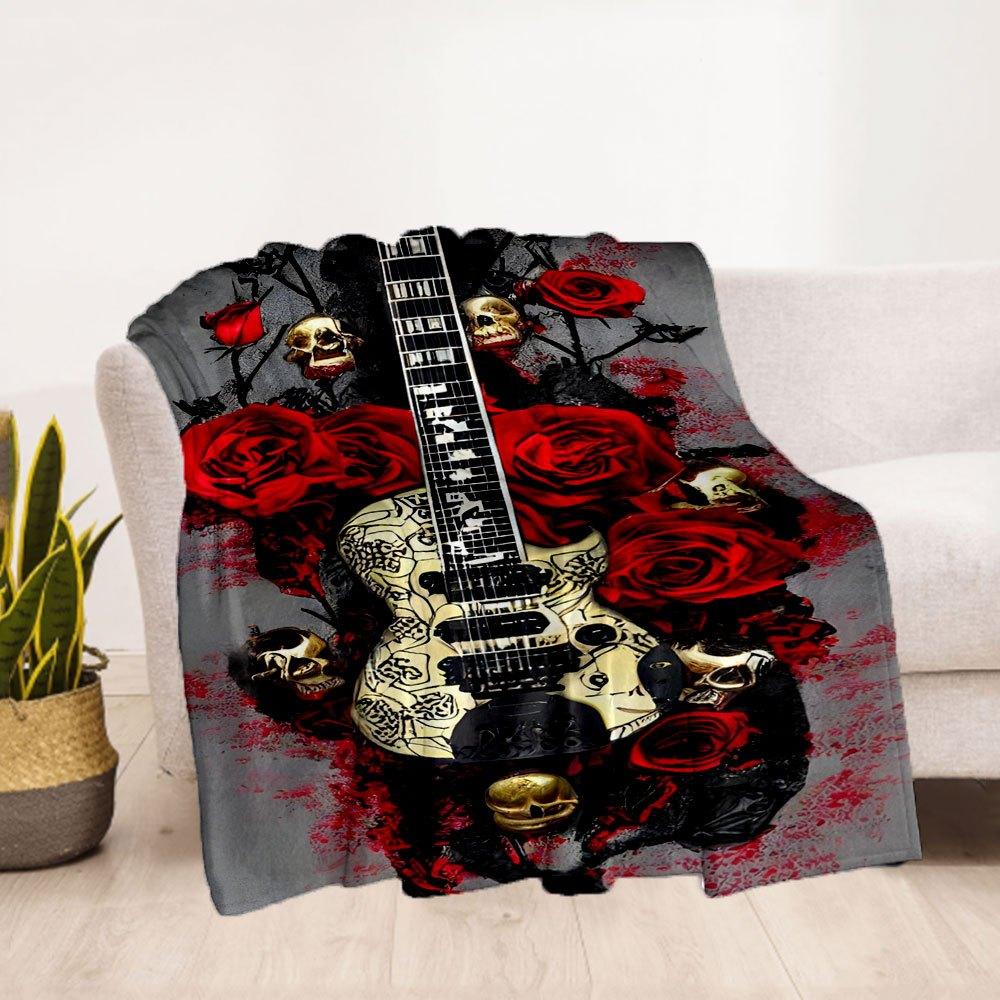 Gothic Skull Roses Electric Guitar Art Print PosterBlanket Flannel Throw Blanket for Sofa, Bed, Travel, Camping, Office
