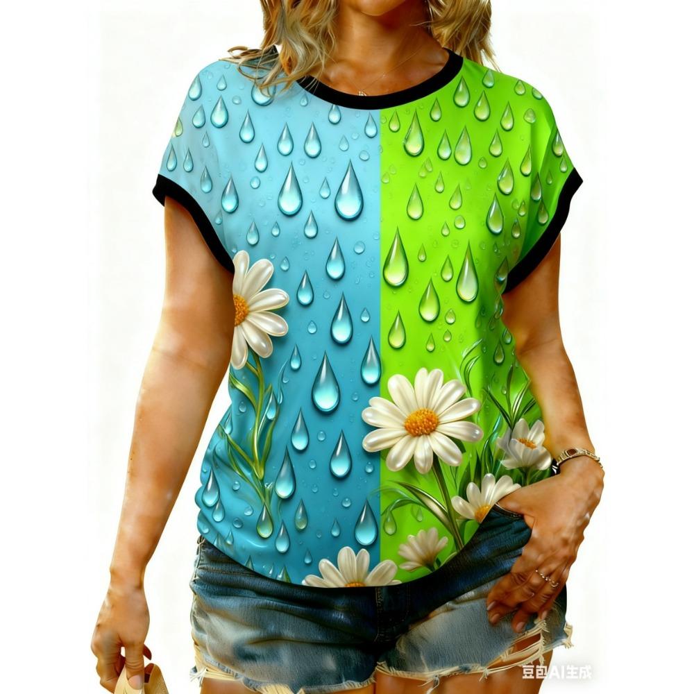 Tricouri de damă mărime mare XL-7XL Tricou de damă cu gât rotund, la modă, cu patchwork floral și imprimeu colorat, cu mânecă scurtă