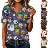Women's V-Neck Loose Fit Halloween Printed T-Shirt Casual Graphic Tee