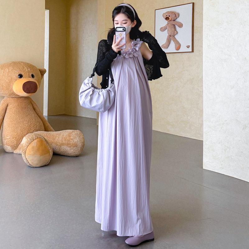 2026 Summer Maternity Set: Chiffon Sleeveless Dress with Artistic 3D Flowers & Cardigan Large