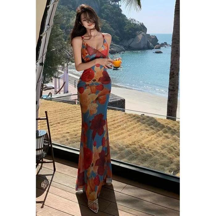 Seaside vacation style fun printing suspender dress women s summer new waist and thin sexy backless long skirt S