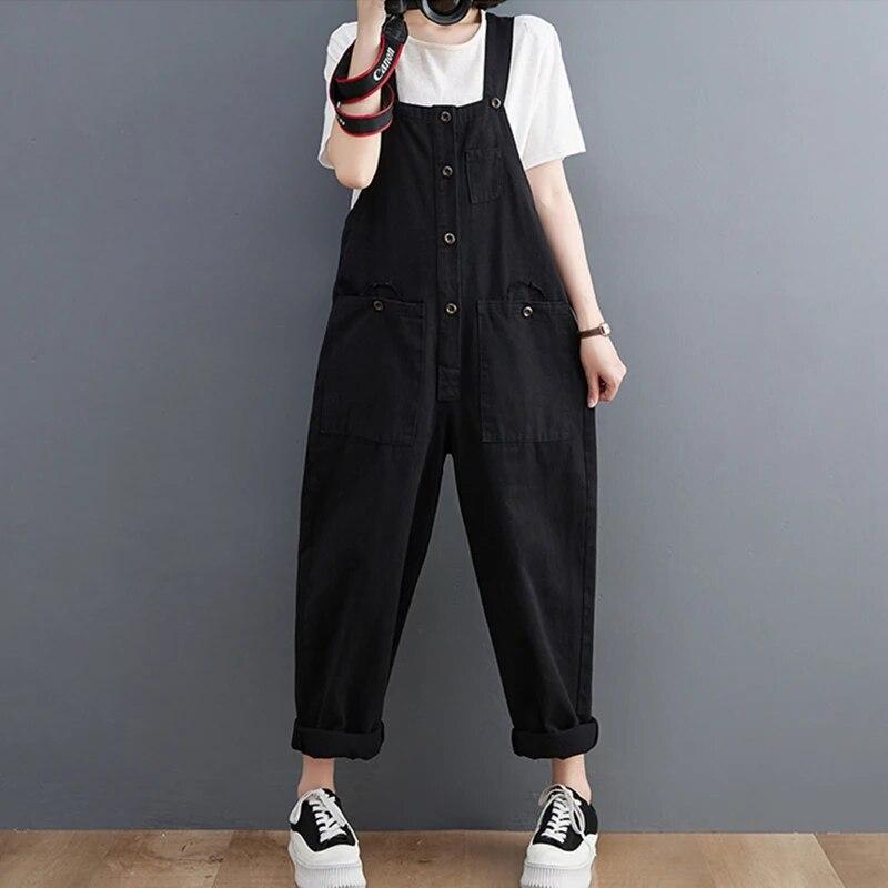 

Свободные комбинезоны больших размеров для женщин, повседневная уличная одежда на бретельках, фиолетовый, красный джинсовый комбинезон, однобортный комбинезон с подтяжками, мешковатые брюки-карго S чёрный