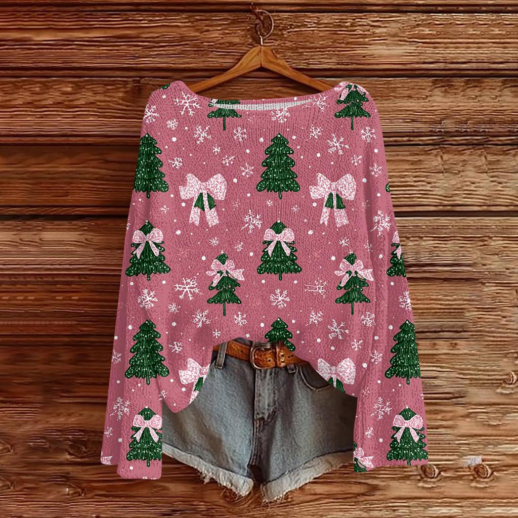 Women's Casual Fashion Round Neck Top Christmas Print Long Sleeve Knit Pullover
