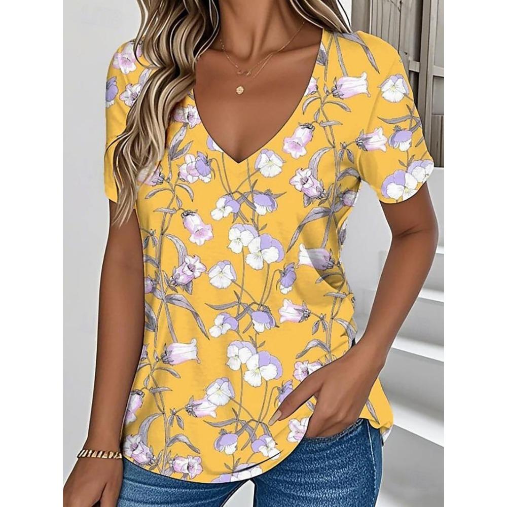 Women's Summer T-shirt Plant Flower Print Retro Fashion Casual Short-sleeved Street V-neck Women's Clothing