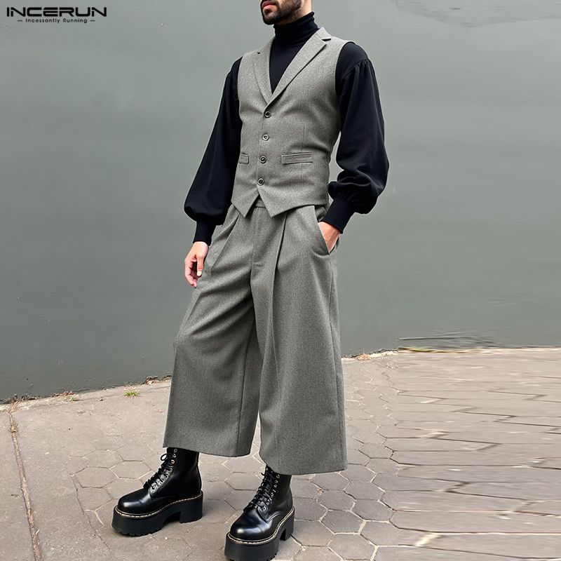 INCERUN Two-piece Suits Men Sleeveless Thin Waistcoat and Cropped Pants Sets
