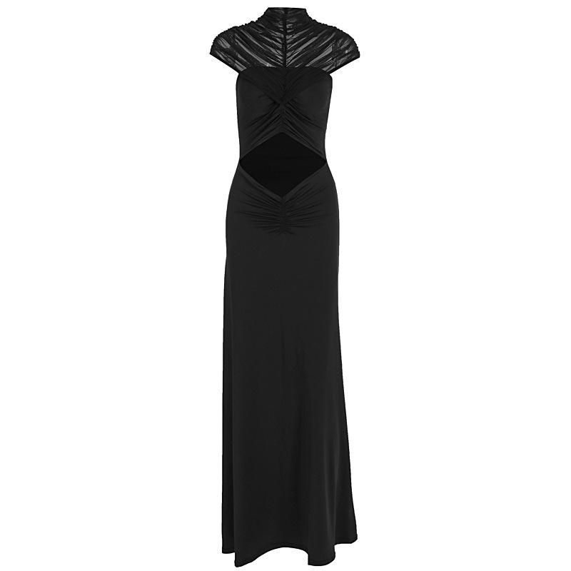 Women's Brown Short Sleeve Hollow Out Ruffle Detail Bodycon Long Dress