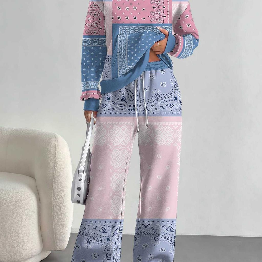 1116 European and American Autumn/Winter Casual Color Patchwork Long-Sleeve Set, Women's Hoodie and Long Pants Set