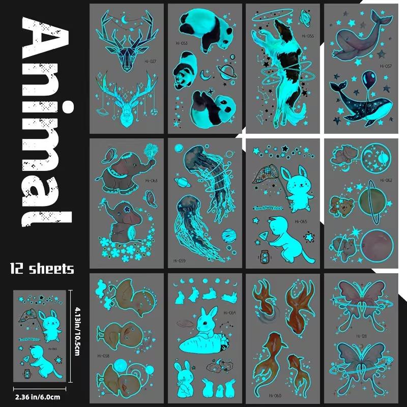

12 Sheets Blue Luminous Animals Tattoo Stickers with Cute Cartoon Pandas Deer Jellyfish Ducks Elephants Rabbits Butterfly Goldfish Patterns белый