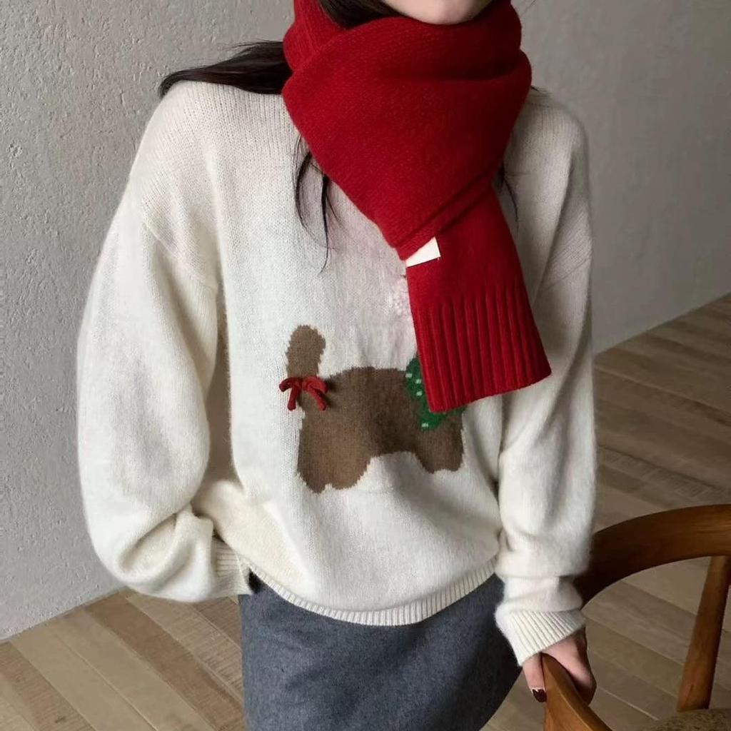 Crew neck atmosphere puppy sweater women's autumn and winter sweet cartoon pullover red gentle wind knitted sweater outer wear