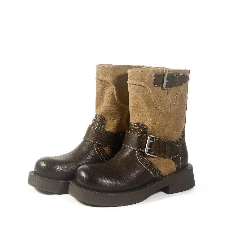 Leather boots short boots women's new round head thick heel color matching locomotive boots belt buckle knight boots