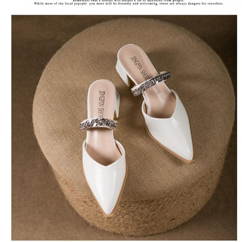 Summer New Baotou Sandals Pointed Toe Shallow Mouth Metal Chain One Slip Strap Anti-slip Outer Wear Square Heel High Heels