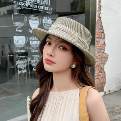French Top Hat Retro Straw Hat Women Summer Travel Seaside Sun Protection Visor Casual Flat Top Straw Beach Hat