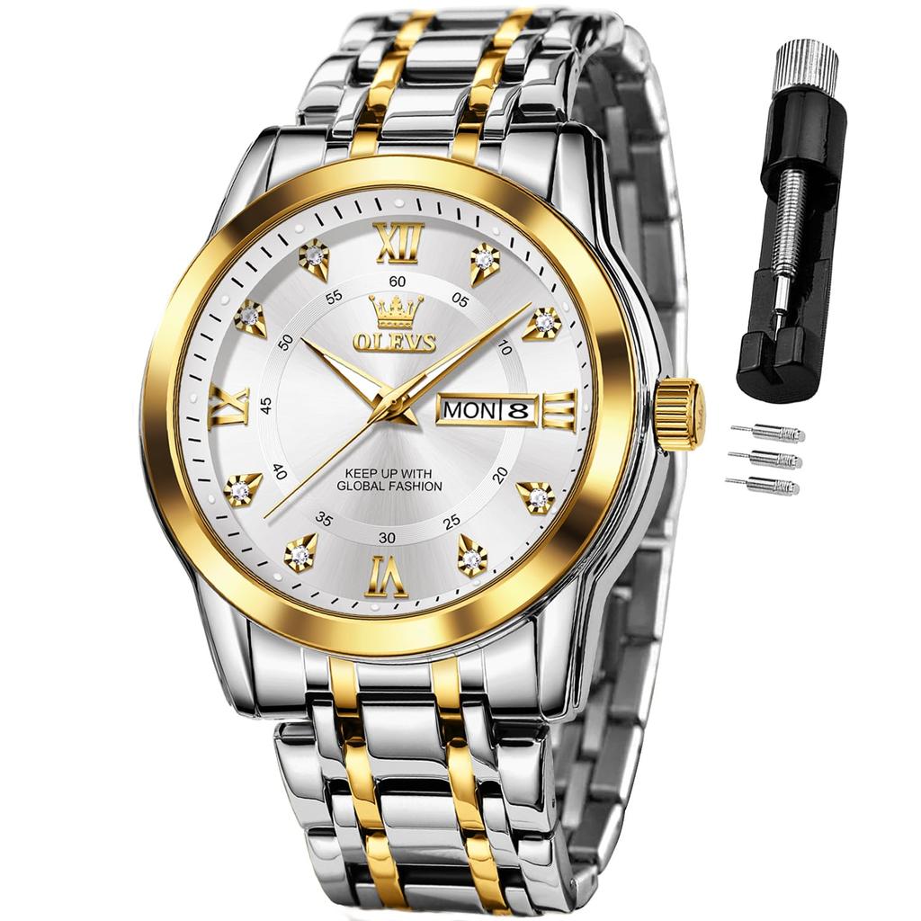 OLEVS Watch Men's Silver Cool Popular Quartz Calendar Waterproof Watch for Men Brand Stainless Steel Stylish Gold & White