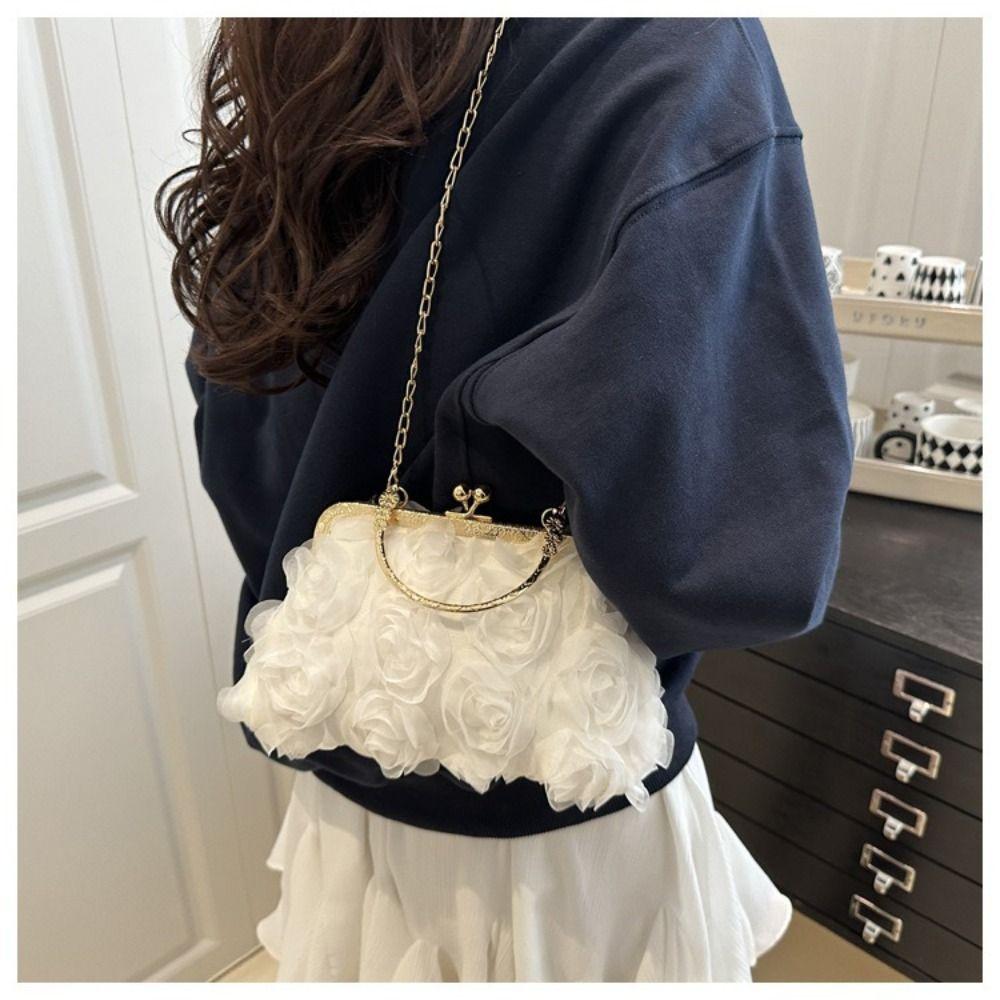 Fashion Polyester Fiber Evening Bags Chain Chiffon Banquet Bag 3D Flower Crossbody Bag Women