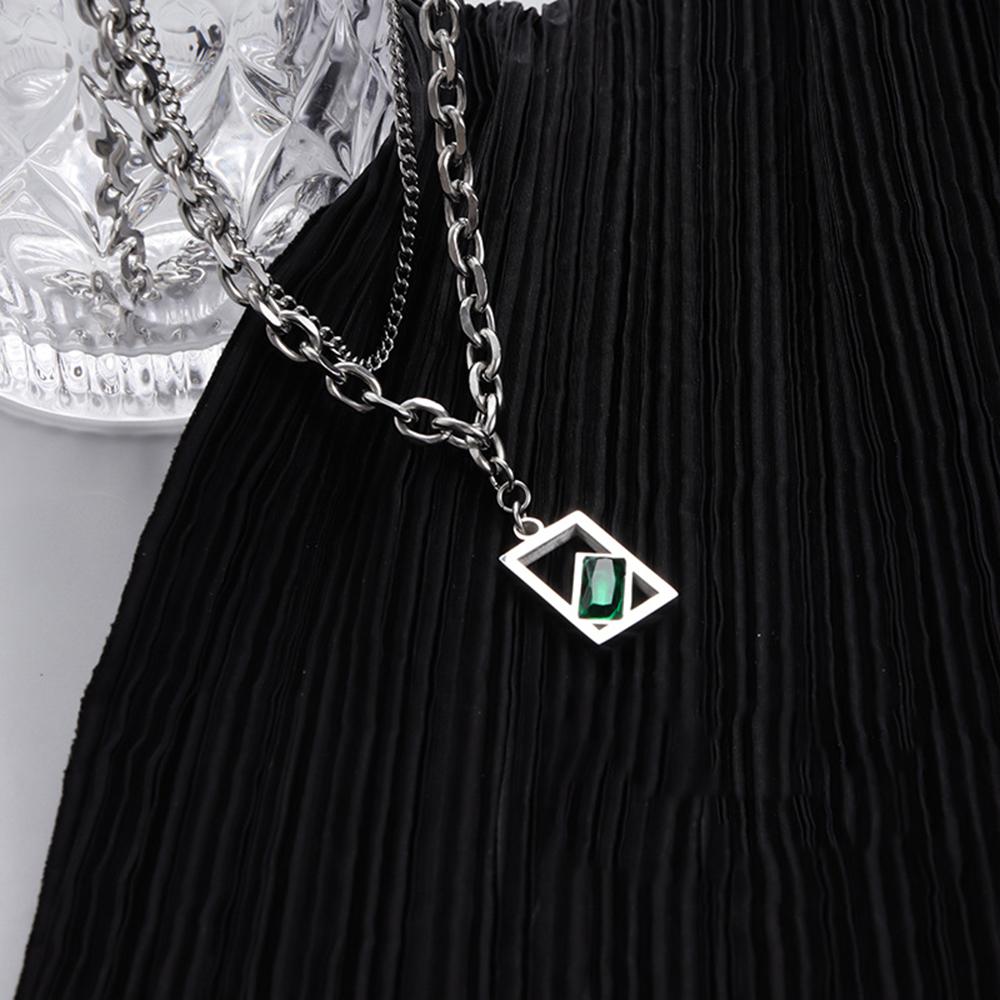 Fashion Double Layer Chain Stainless Steel Male Necklace Green Crystal Pendant Necklace Man Party Jewelry Gift Friends