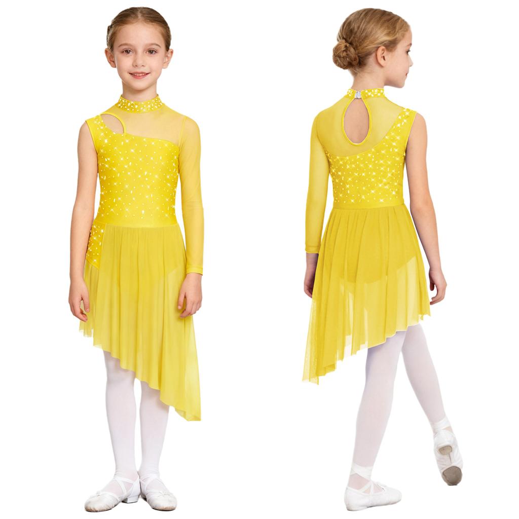 Complete Competition Lyrical Costume for Girls: Features Asymmetrical Design, Mock Neck, Mesh & Rhinestone Details