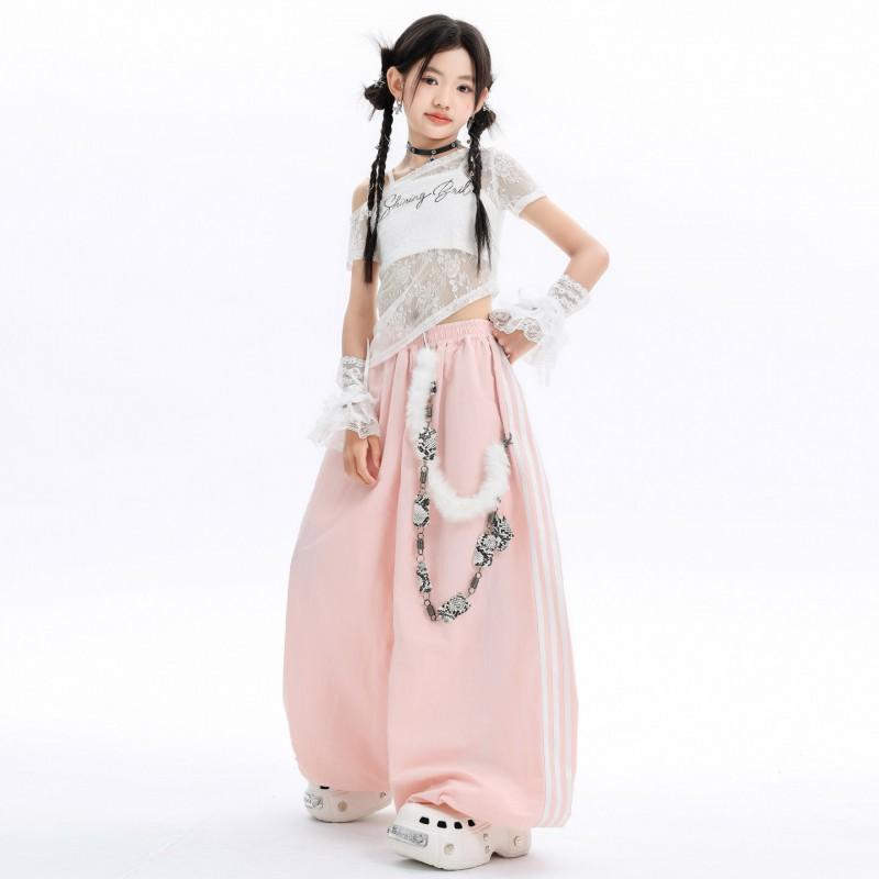 Girls Jazz Dance Outfit Hip Hop Street Performance Costume Kids Stage Wear With Lace Sleeve Top Pink Pants