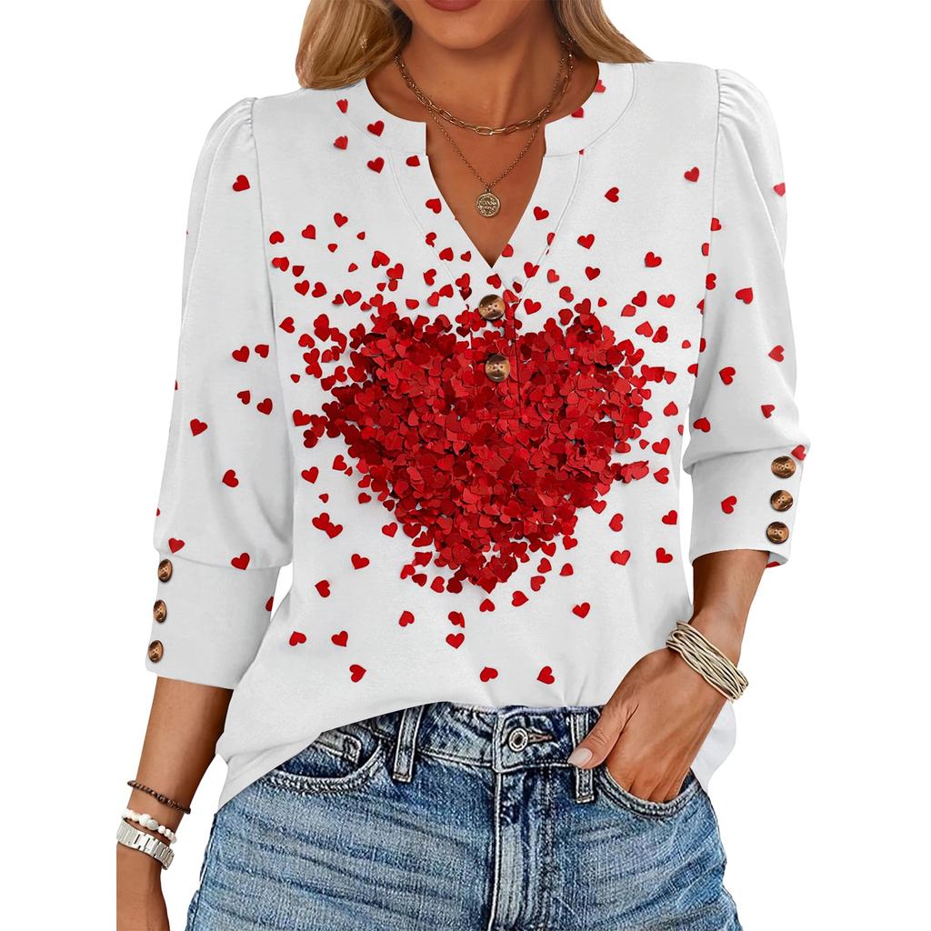 Women's Loose 7-inch Sleeve Top with Heart Print
