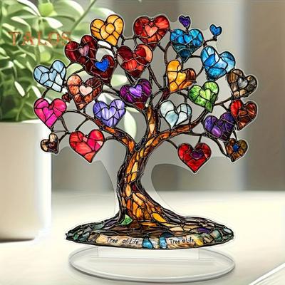 Herz-Baum-Ornament für den Schreibtisch, 2D, flache Acryl-Dekoration, mehrfarbig, Liebesherzen-Baum mit Sockel für die Tischdekoration zu Hause, Geschenk zum Valentinstag