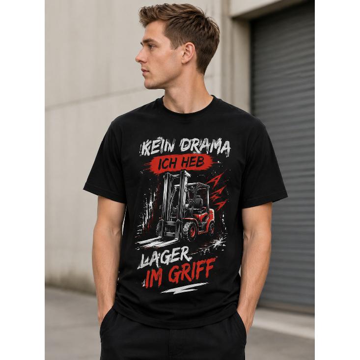Men's Black Short Sleeve Crew Neck T-Shirt with Forklift Graphic & German Slogan Print, Relaxed Fit Cotton Tee for Warehouse Workers or Casual Wear