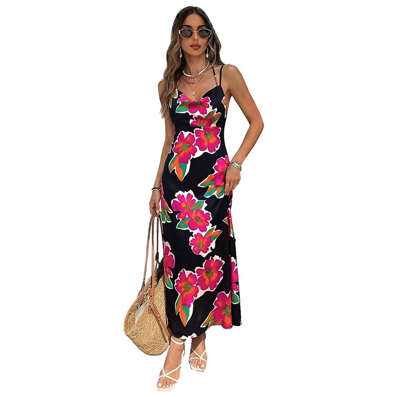 TikTok Summer New Retro Vacation Style Long Dress Floral Print Suspender F Halter Dress
