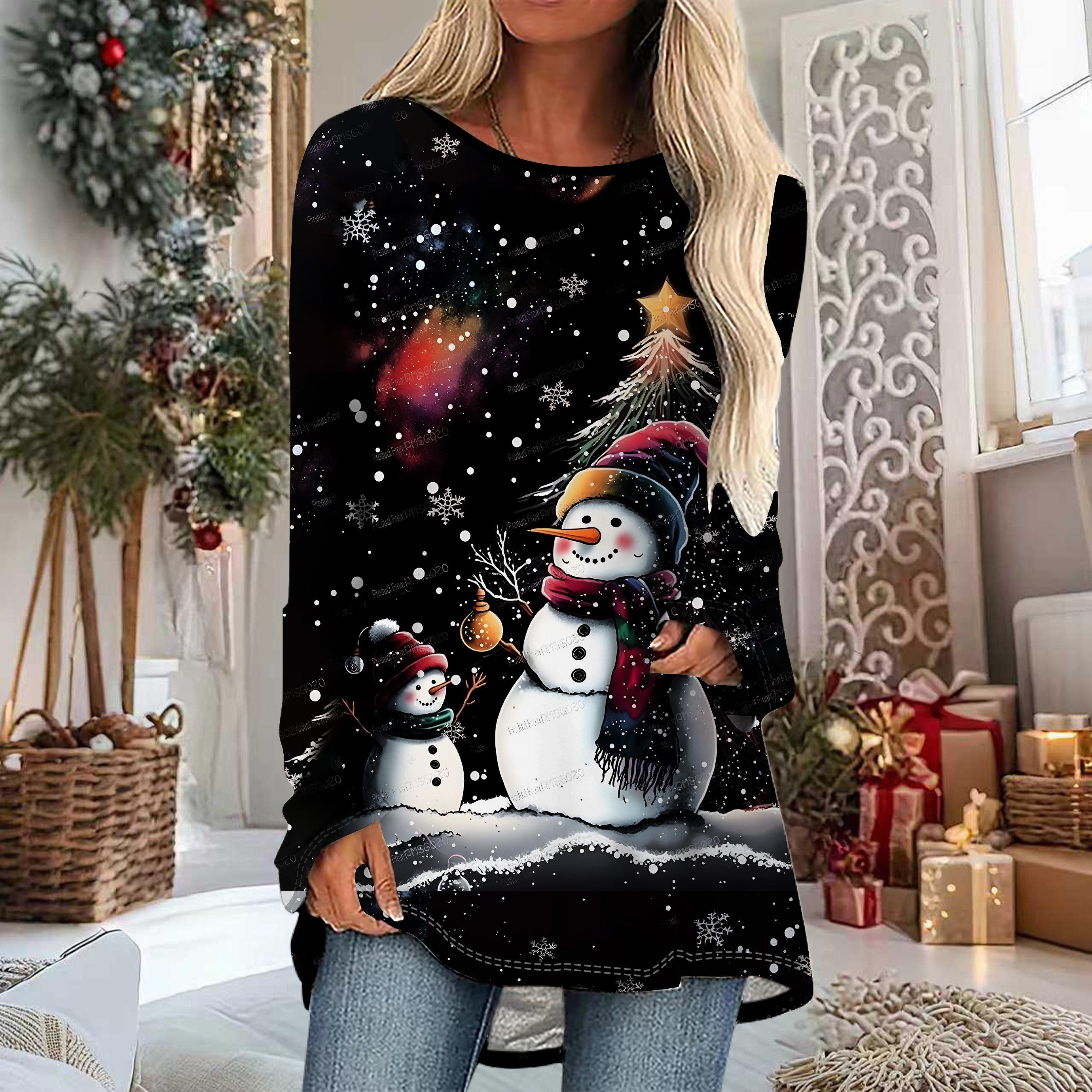 

Женская футболка больших размеров с принтом снеговика на весну и Рождество, удобная, с длинным рукавом, круглым вырезом, повседневная, свободного кроя, средней длины, топы L чёрный