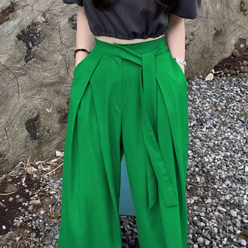 Women's Gray Wide Leg Pants with Belt and Pleated Detail