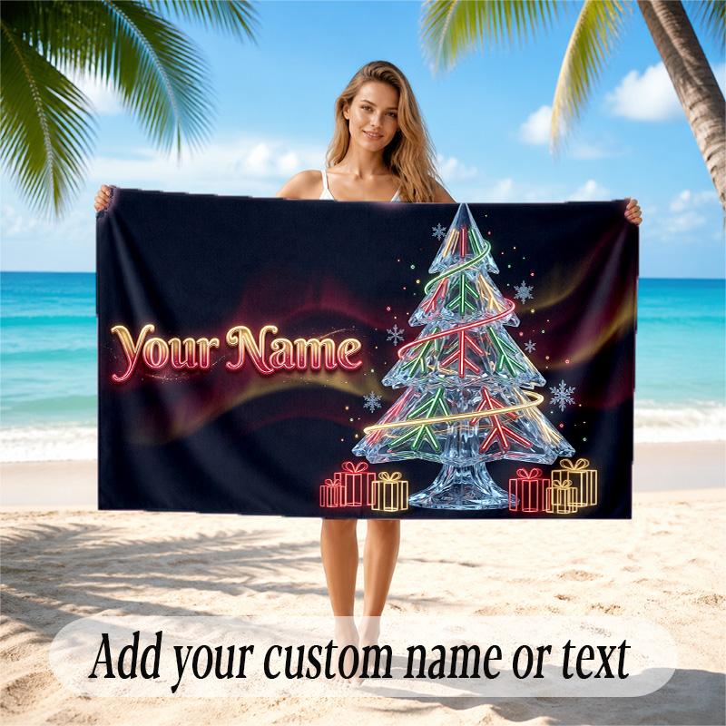Christmas Theme Quick Dry Beach Towel Custom Name Text Print Large Sand Resistant Towel Beach Vacation