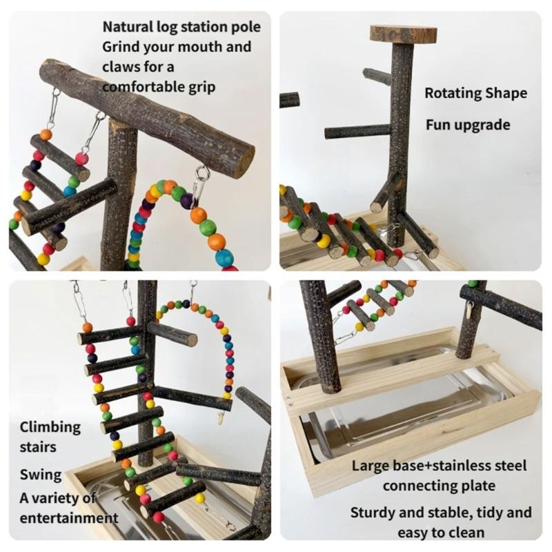 Natural Wood Bird Perches Toy Colorful Beads Climbing Ladder And Swinging Toy For Parakeets Cockatiels