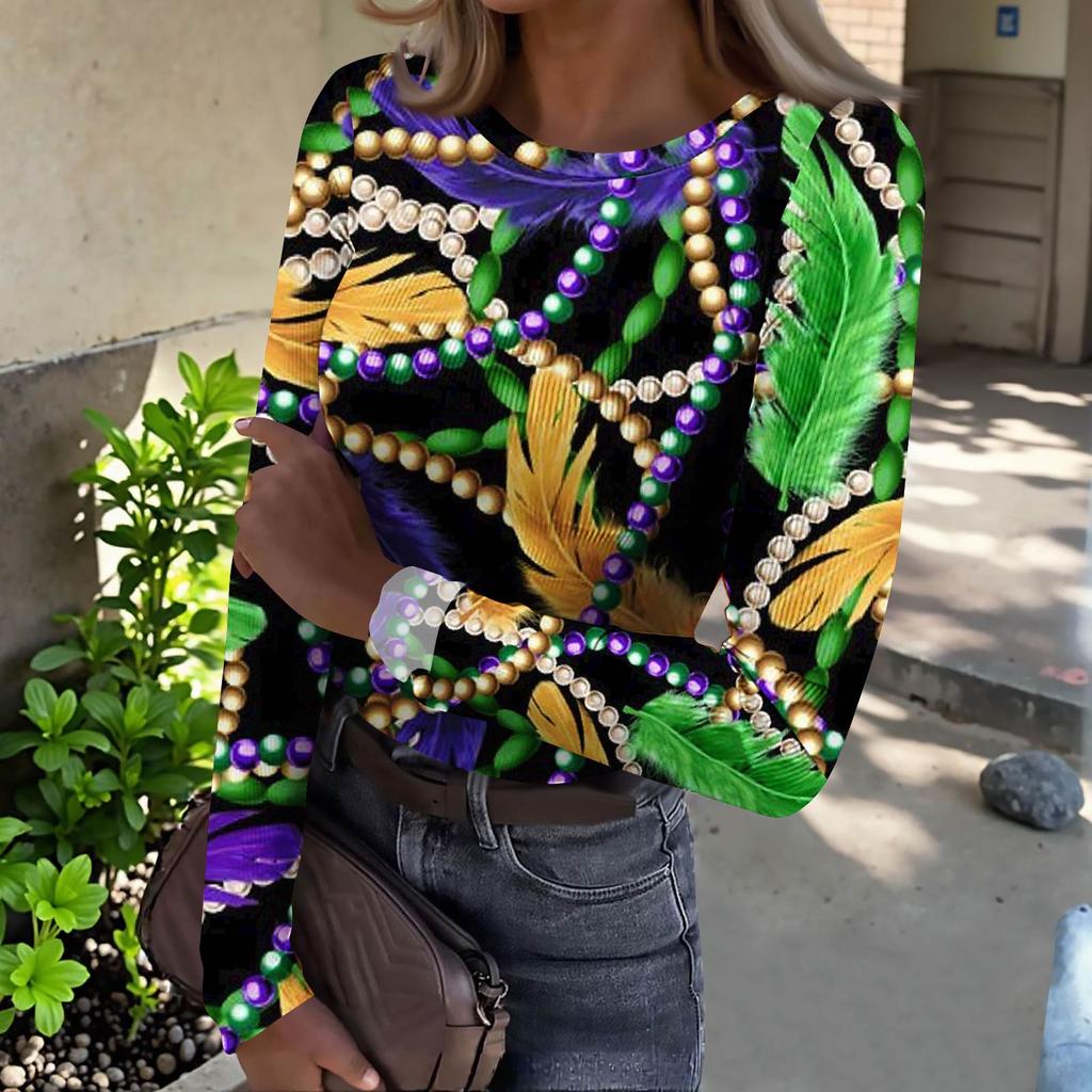 Women's  Slim Bottom T-shirt Fashion Casual Gradient Printing Round Neck Pullover Long Sleeve Top