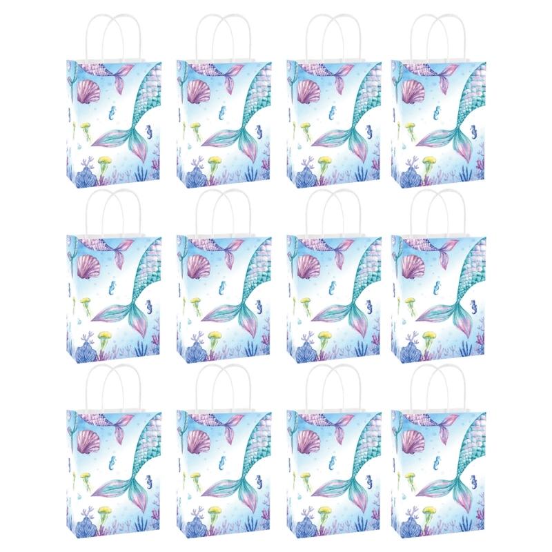 

12pcs Mermaids Print Paper Bags Colorful Gift Bags for Ocean Themed Birthday Parties and Festives Event Party Supplies