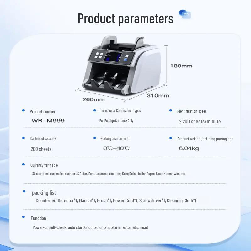 Weirong WR-M999 Multi-Currency Bill Counter with Foreign Currency Detection CN Plug (adapter Included)