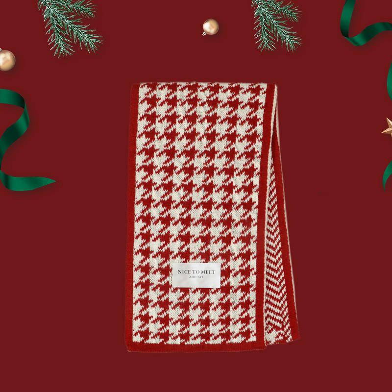 Korean Retro Red Houndstooth Wool Scarf: Warm Winter Knit for Women