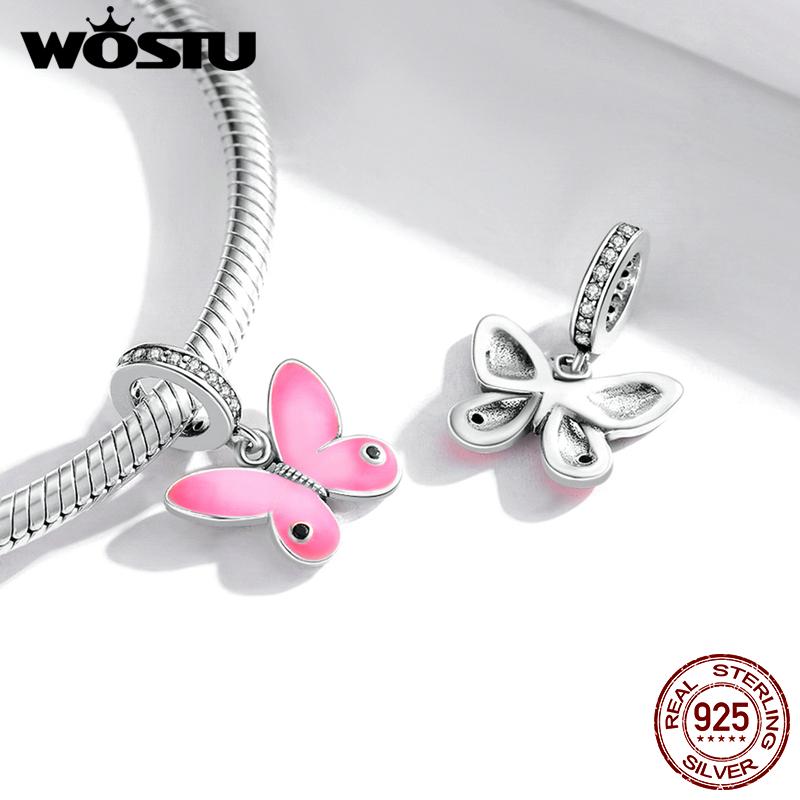 WOSTU Enamel Pink Butterfly 925 Sterling Silver Charm Pendant Fit Original Silver Bracelet Girls DIY Jewelry