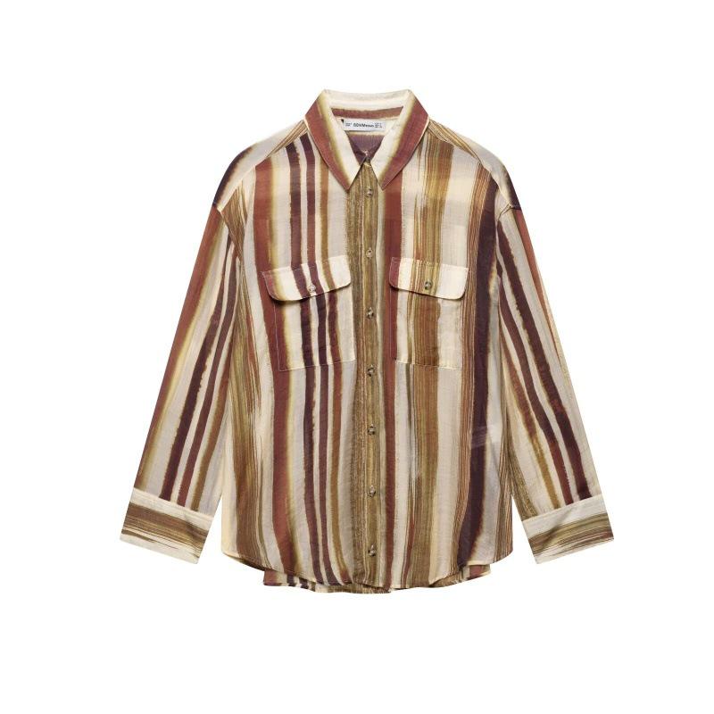 2025 European & American Retro Striped Loose Casual Women s Shirt Extra Small