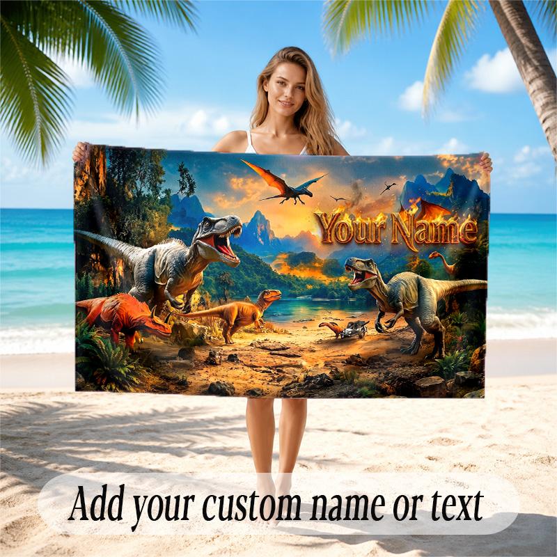 Dinosaur Theme Quick Dry Beach Towel Custom Name Text Print Large Sand Resistant Towel Beach Vacation