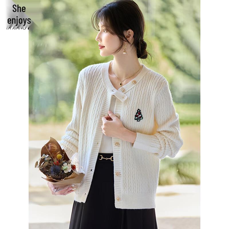 Women's Embroidered Round Neck Twist Knit Cardigan