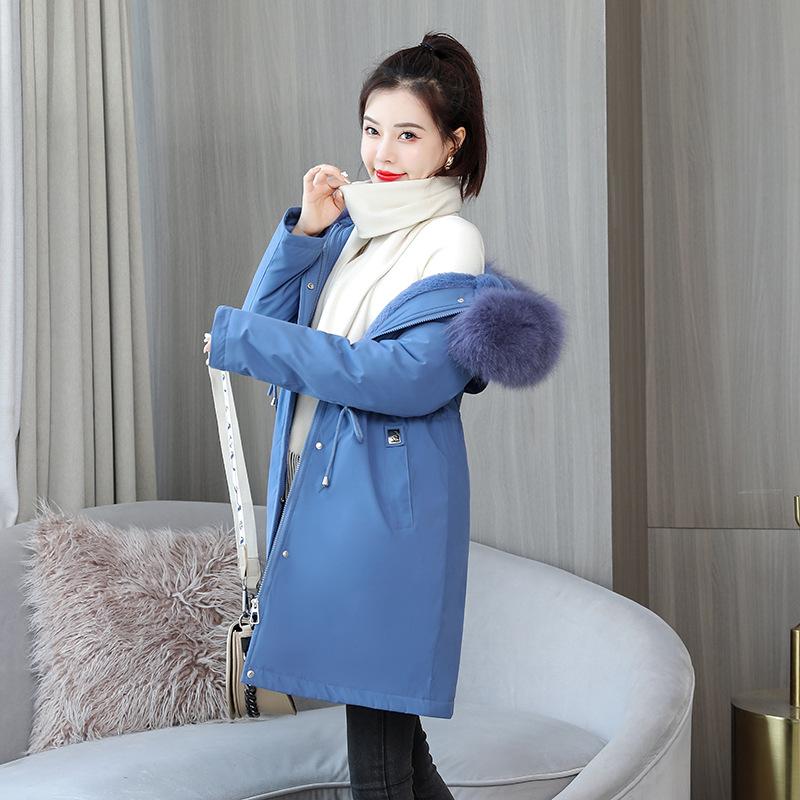 Parker Cotton-padded Jacket Women's Long-style Autumn and Winter New Waist Plus Velvet Padded Coat with Large Fur Collar Ladies Cotton-padded Jacket