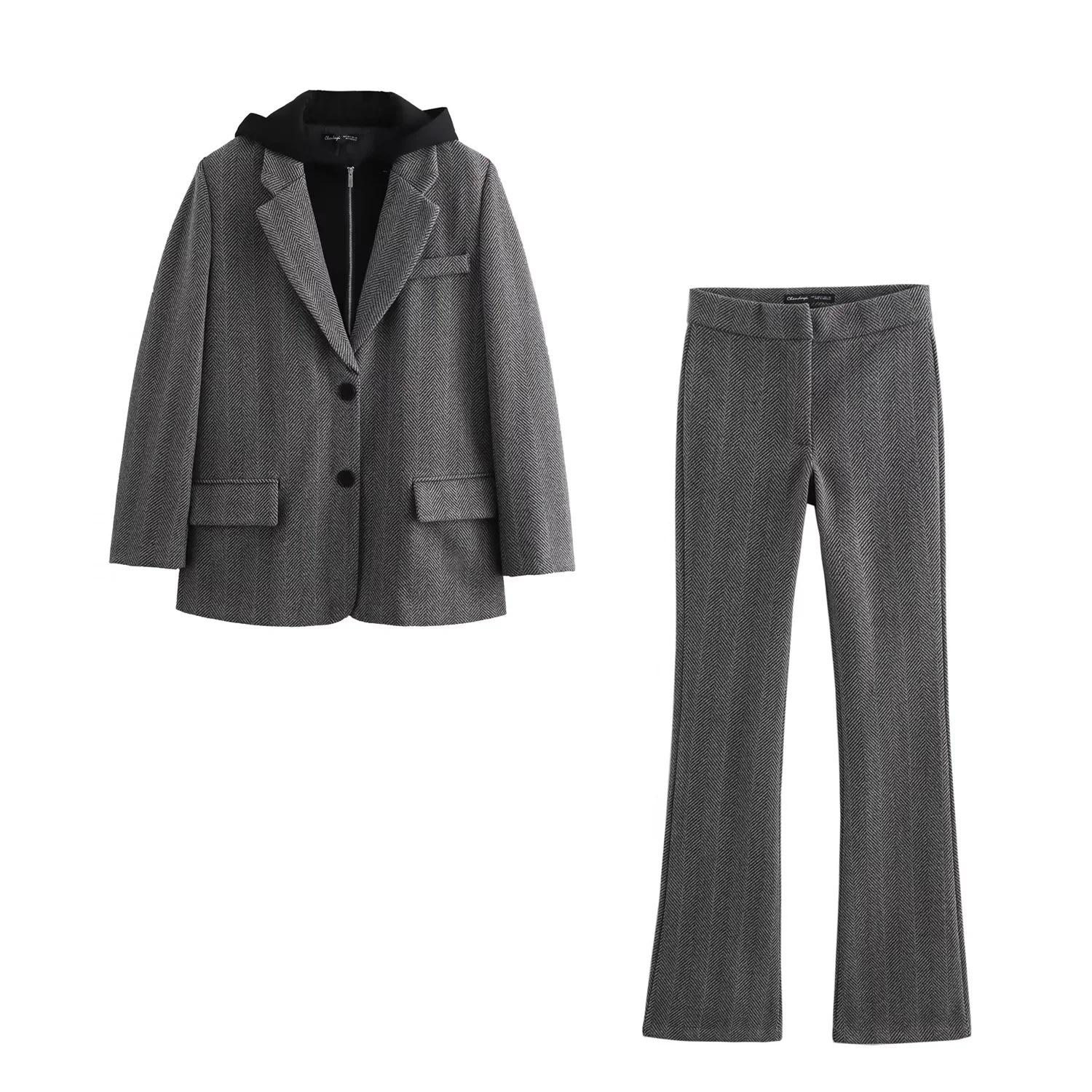 

European & American High Street Office Style Women s Hooded Twill Coat with Micro Flare Pants Set - Winter Collection XS