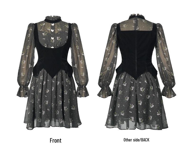 Retro Puff Sleeve Chiffon Floral Velvet Patchwork Dress - Waist-Cinched Short Skirt