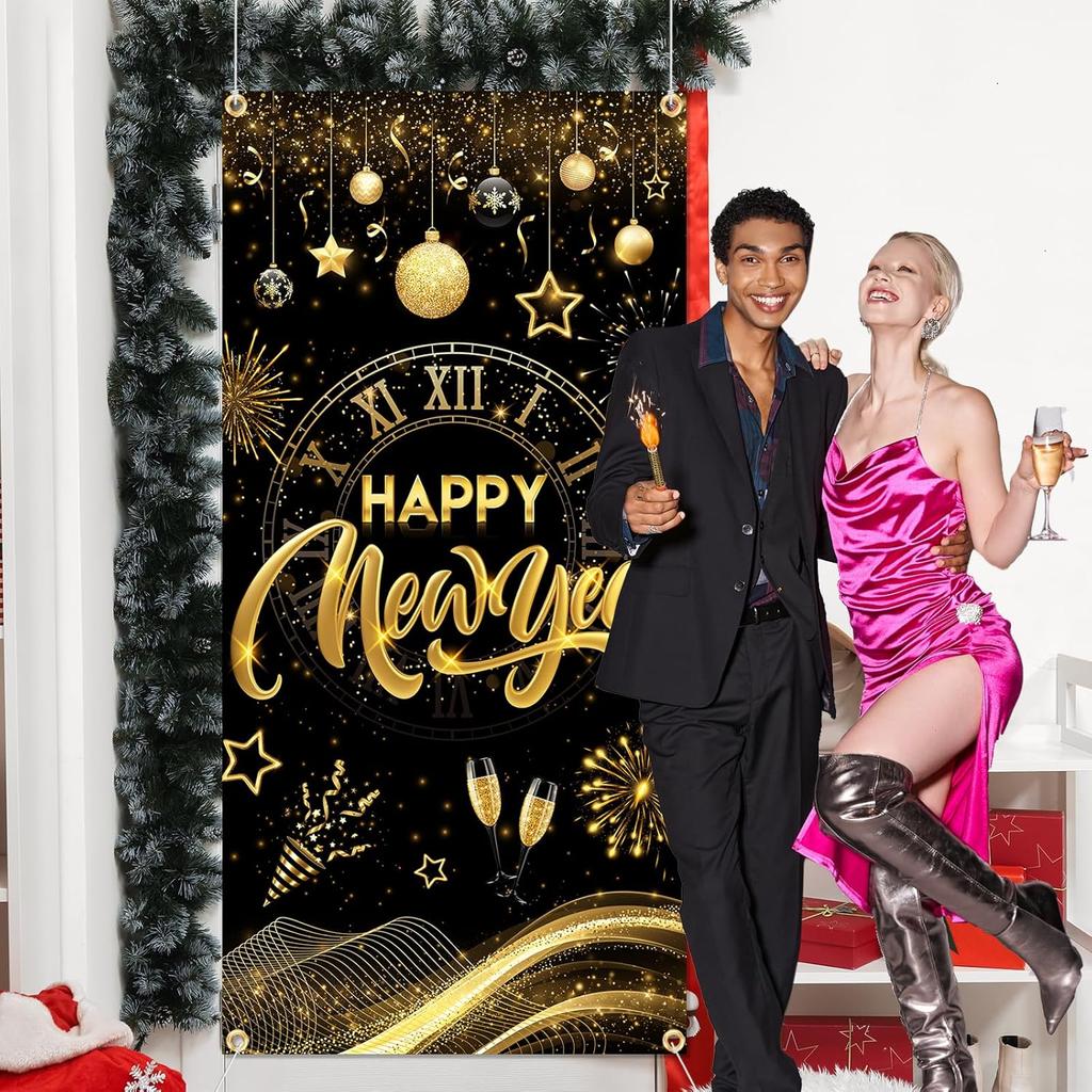 New Years Decorations 2026 Door Cover, Black and Gold Happy New Year Door Banner NYE Front Porch Hang Door Cover, NYE Door Banner for New Year Eve