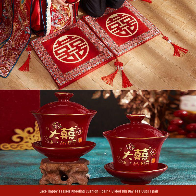 Double Happiness Wedding Kneeling Pad Set - Bride Tea Ceremony Cushions for Sitting and Celebration (Pair)