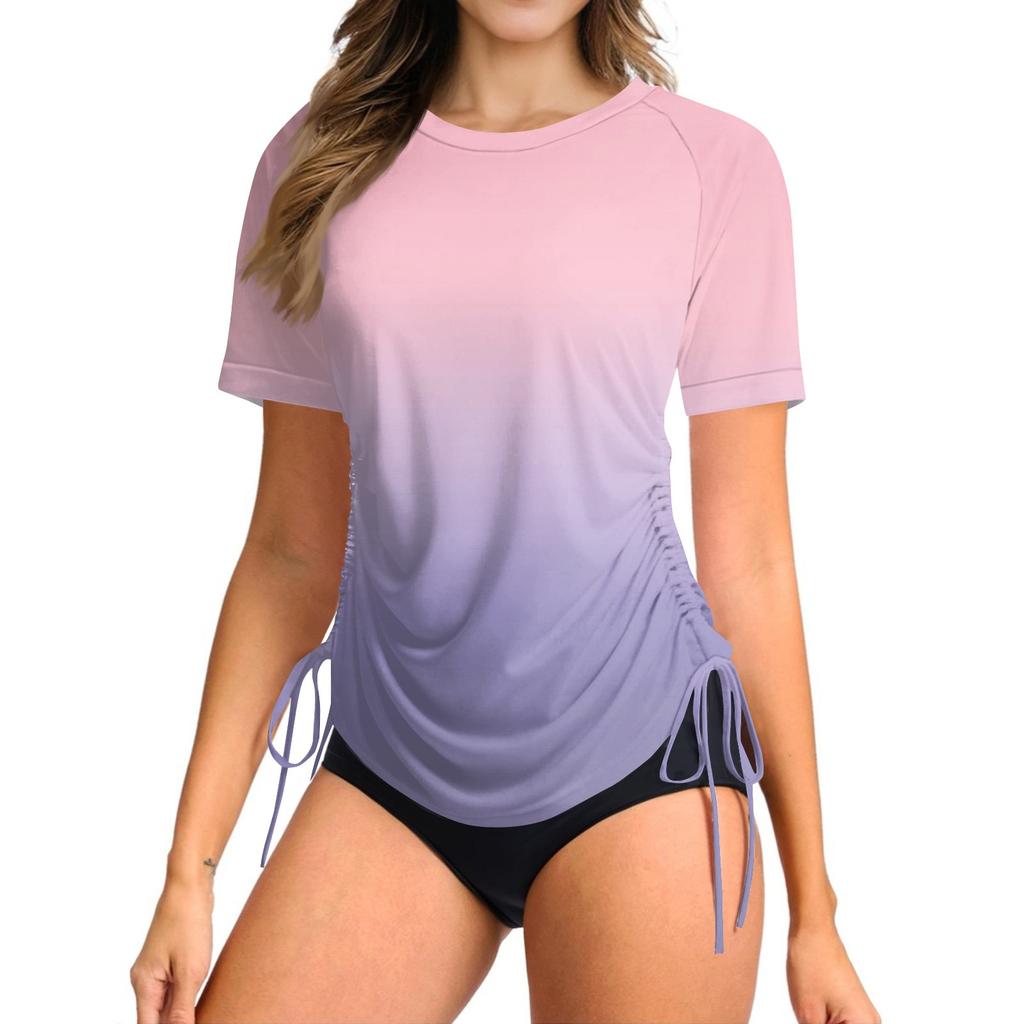 Women's Printingr Short-sleeved Sun Swimsuit Lightweight Adjustable Lace-up Swimsuit