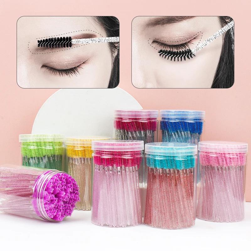 100pcs Disposable Eyelash Extension Makeup Brush Eyebrow Comb MicroBrush With Box Crystal Handle Mascara Wands Lash Lifting Tool