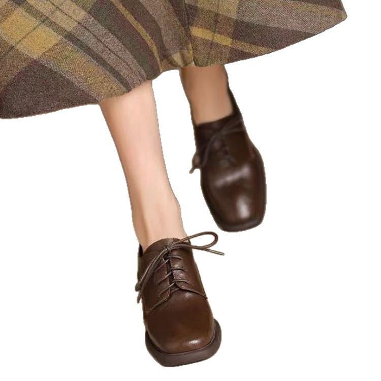 Retro style square head lace-up deep mouth leather shoes single shoes women's 2025 autumn new versatile British style high heels women's shoes