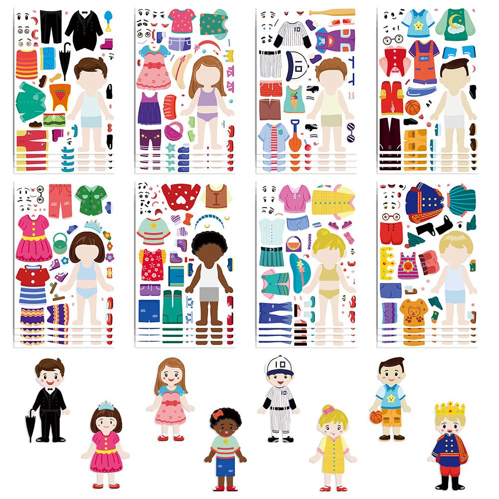 8/16sheets Cute Character Dress Up Puzzle Stickers Make a Face Decals DIY Stationery Fridge Suitcase Assemble Jigsaw Sticker Toy