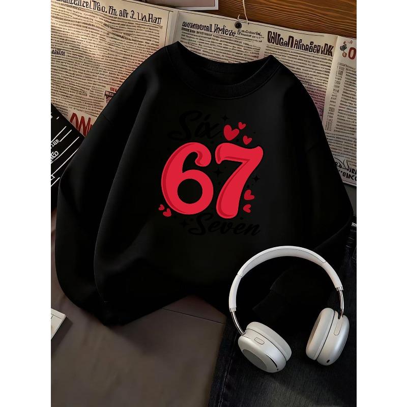 Kids Unisex Crewneck Sweatshirt, Red Heart Number 67 Six Seven Print Long Sleeve Pullover, Boys Girls Birthday Sweatshirt For Kids Over 4 Years Old