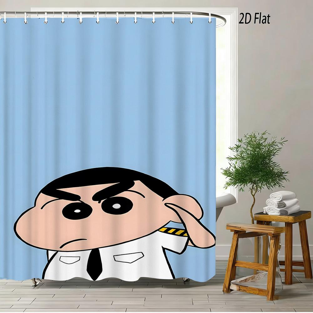 Crayon Shin-Chan Umbrella Walking Cartoon 2D Print Waterproof Shower Curtain, Minimalist White Bathroom Decor With Hooks