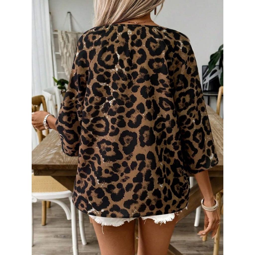 Top da Donna Temperamento Pendolare Cachi Stampa Leopardo Scollo a V Grande Plissettato Maniche a Sette Quarti Camicia