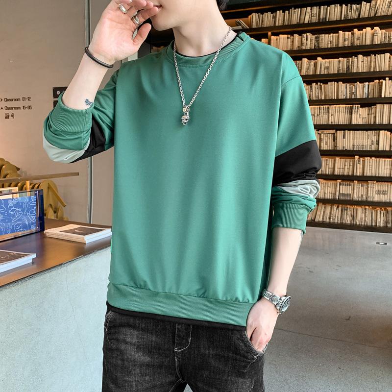 Korean Style Round Neck Fake Two Piece Sweatshirt Men's New Style Spring Autumn Fashion Casual Versatile Long Sleeve Top